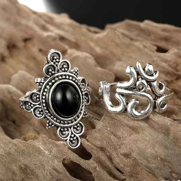 Boho Vintage Black Gemstone Geometric Ring Set 13pc - Picture 4 of 6